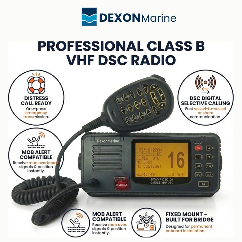 Class B DSC VHF Marine Radio With Integrated GPS Positioning, Channel 70 Watch Keeping And MOB Alert Reception.