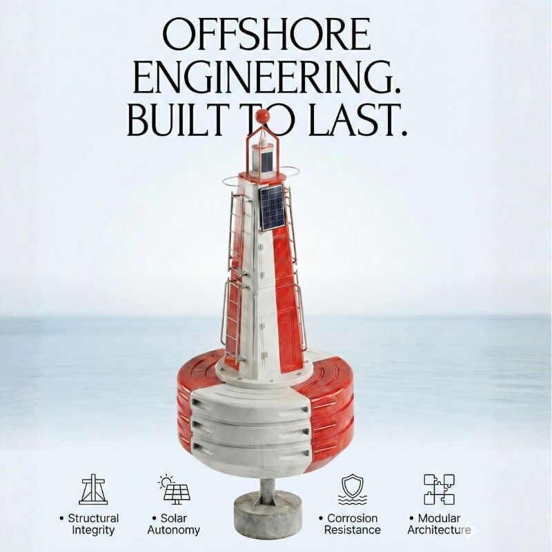Heavy-duty Ø2600 offshore navigation buoy with 6000kg buoyancy, galvanized steel tower, LLDPE float body and SC160 lantern compatibility. OEM options available.