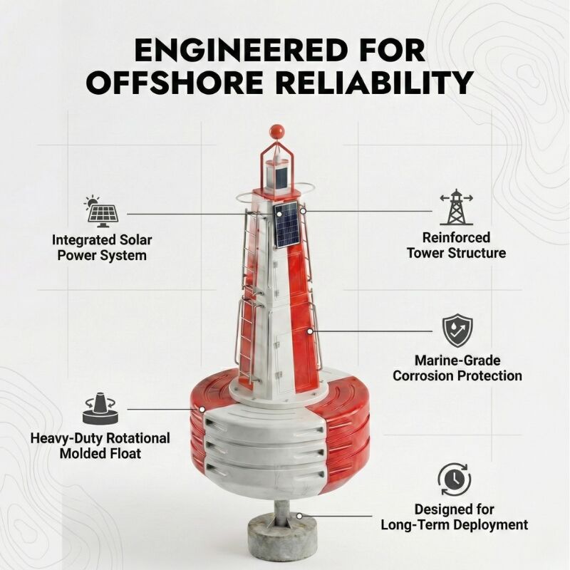 Heavy-duty Ø2600 offshore navigation buoy with 6000kg buoyancy, galvanized steel tower, LLDPE float body and SC160 lantern compatibility. OEM options available.